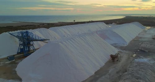 View of a Salt Flat Factory Besides the Sea Raw Materials in Large Volumes are Ready for Export