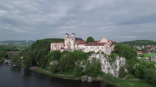 Tyniec Abbey aerial, monastery on a cliff above the Vistula River
