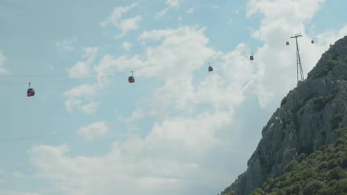 Cable car, red funiculars carry people up and down the rock. View from the bottom, blue sky.