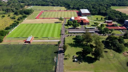 Aerial View Of Distinctive High Performance Center, Green Soccer Field, Paraguay