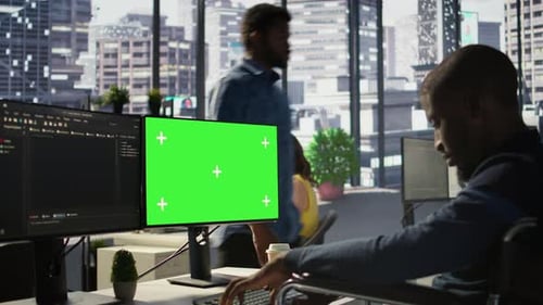 IT Expert with Paraplegia in Wheelchair Works with Data on Mockup PC