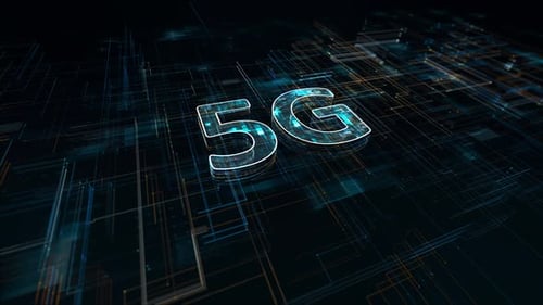 Blue particle 5G logo with grid line digital futuristic technology abstract background