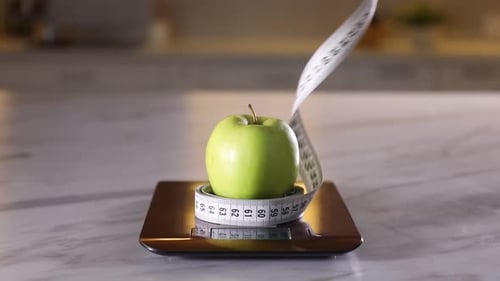 Green Apple Surrounded by Measuring Tape on Scale