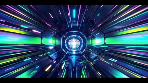 Voyage à grande vitesse à travers un tunnel néon de science-fiction futuriste avec