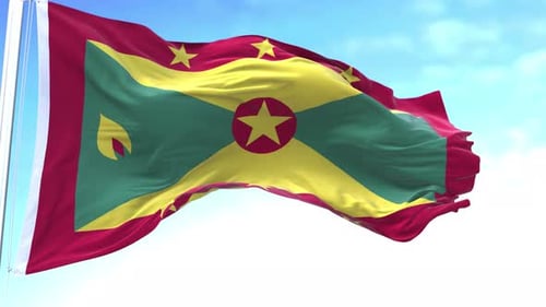 Grenada Flag Waving in Realistic Loop Against Blue Sky