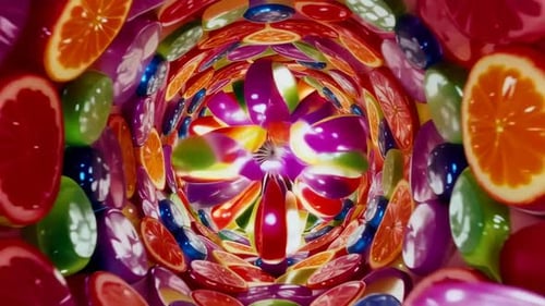 Animation de fond de kaléidoscope de tunnel de bonbons aux fruits abstraits