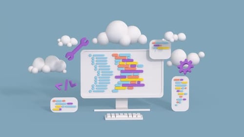 Minimal desktop with coding symbols and programming windows. Cute cartoon style 3D render animation