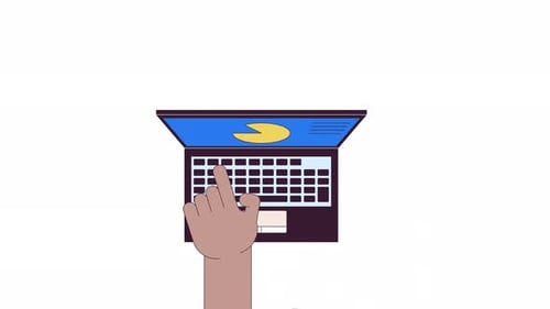 Businessperson with coffee at laptop line 2D character hands animation