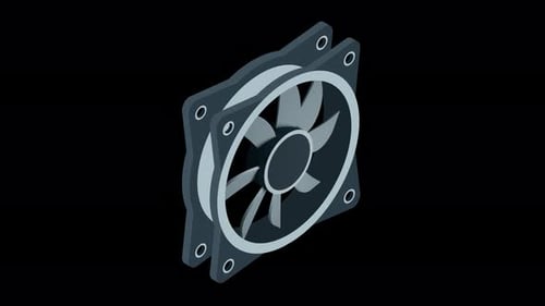 Animación isométrica de un ventilador por ordenador. Ventilador para ordenador. Ventilador isométrico de carcasa de PC. Hardware informático