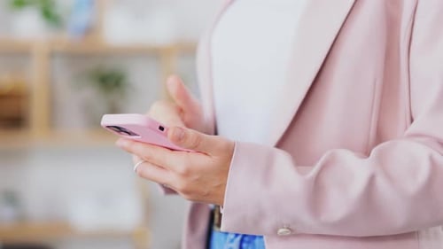 Business, woman and hands typing on smartphone in office, online app or contact technology