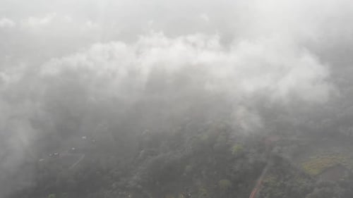 Through the mist over the fields in Colombia at sunrise.