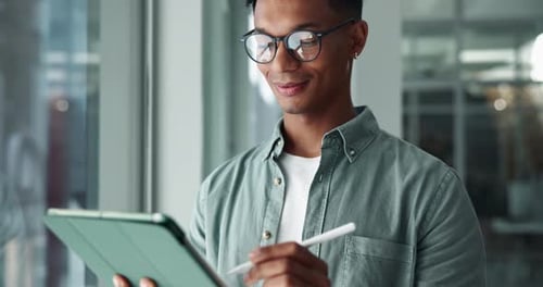 Pen, tablet and business man in office thinking for website, research and online project