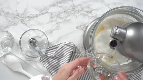 Step By Step Flat Lay Making Meringue in Kitchen Mixer to Bake Unicorn Meringue Cookies