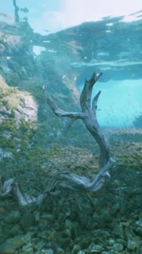 An Underwater View of a Rocky Area with Rocks and Plants