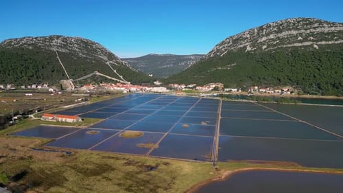 Aerial drone view of the salt pan in the city of Ston in Croatia
