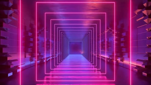 looping 3D animation of neon geometric square frames appearing inside a dark futuristic tunnel