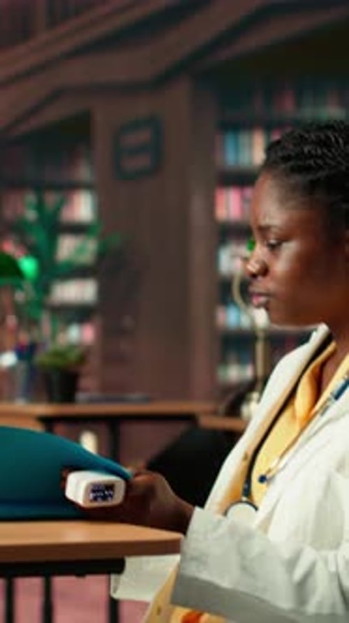Vertical Video Black Woman Student in Med School Using Oximeter and Reading About the Practice