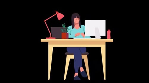 Businesswoman Sitting At Desk Working On Laptop Cartoon Animation On Alpha Channel