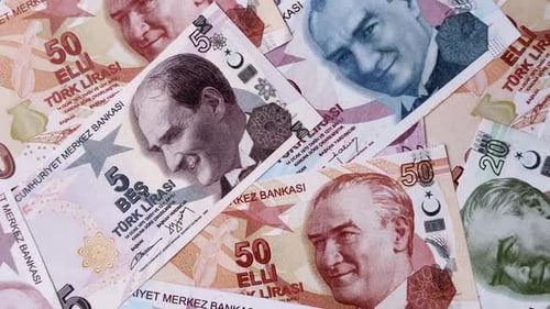 Money, currency of Turkey, lira banknotes of various denominations. Turkish money
