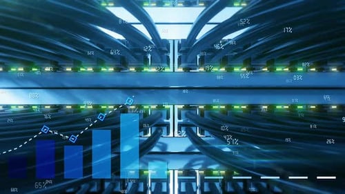 Growing chart on background of communication equipment in hosting data center