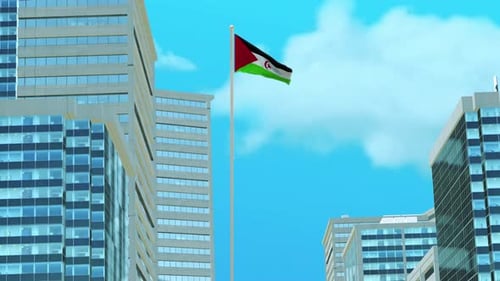 Waving Flag of Western Sahara in Modern City Sky