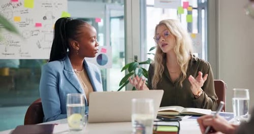 Meeting, planning and business women on laptop in office for KPI review, SEO analysis and feedback