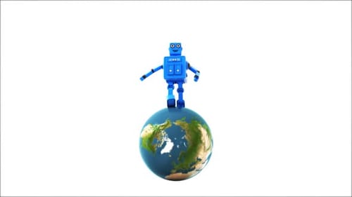 3D Cartoon Robot Running In Loop On Earth Planet