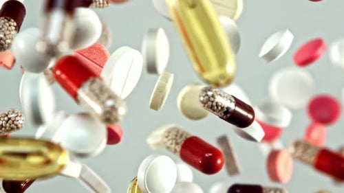 Super Zeitlupe Verschiedene Kapseln und Pillen fallen auf einen Haufen