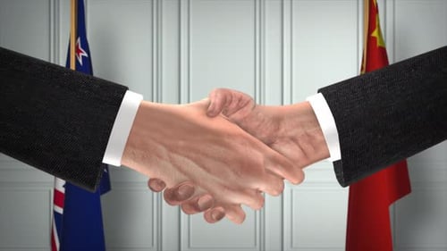 New Zealand and China Officials Business Meeting. Diplomacy Deal Animation. Partners Handshake 4K