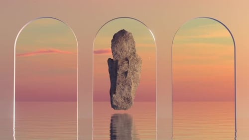 Abstract Floating Rock with Arches Over Calm Water