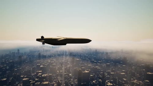 Futuristic Missile Drone Flying Over City