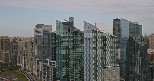 NYC New York Aerial v223 low drone flyover the shoreline of Lincoln Square, capturing rows of skyscr