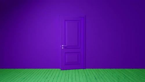 Purple door opening on a dark room with green floor