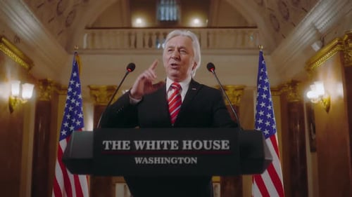 Elderly Politician or Minister Speaks at Press Conference in the White House