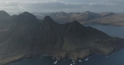 Aerial view of the majestic, untouched East Fjords, Iceland.