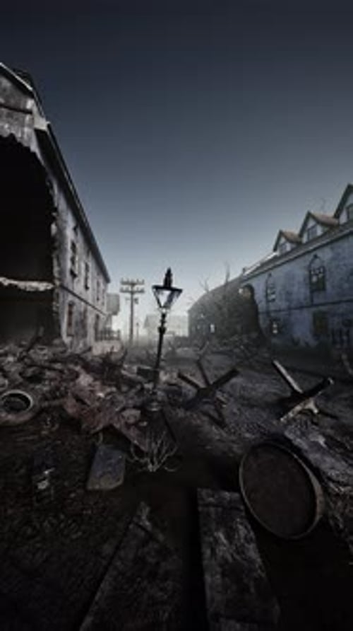Street Light Amidst Debris in Destroyed Building