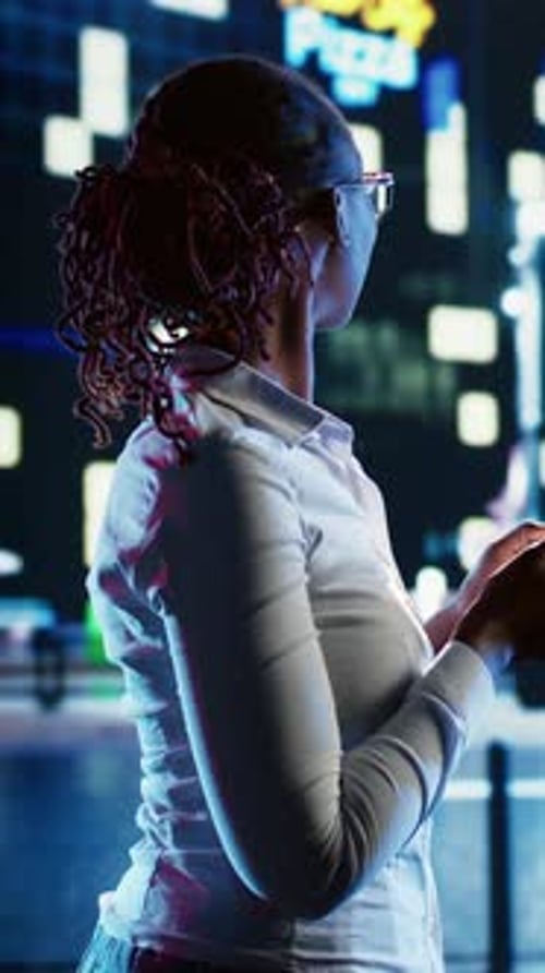 Vertical Video Woman Texting and Walking on Street