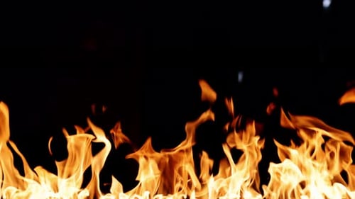 Feuer brennt Eine helle brennende Flamme auf einem schwarzen Hintergrund Feuer in Zeitlupe Wall of Real Fire