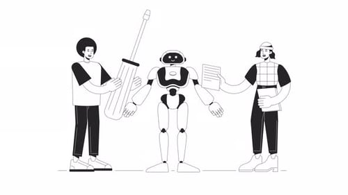 Animación BW de construcción de un robot humanoide