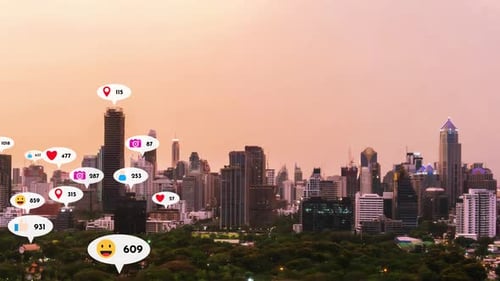 Social Media Icons Fly Over City Downtown Showing People Reciprocity Connection