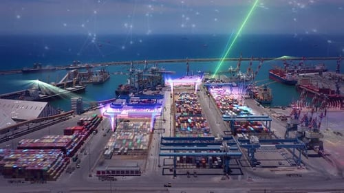 Futuristischer Hafenhafen mit 5G-Netzwerk und Technologiedatenkommunikation