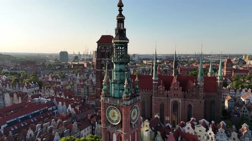 Aerial Video Shot By Drone Over the Historic Tourist Center of Gdansk the City Hall and the