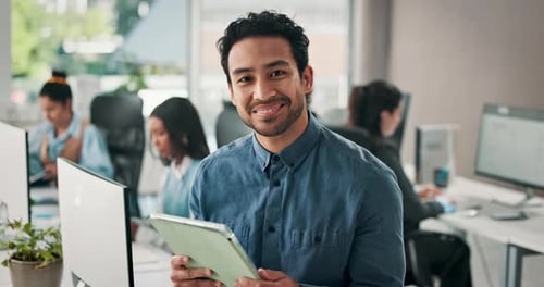 Happy man, face and coordinator with tablet in agency for company management in office