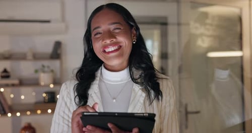 Business woman, tablet and face at night in office for planning web research