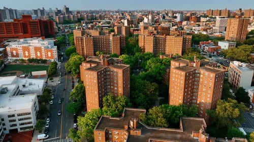 Stunning architecture of modern New York city. Aerial view of metropolis n sunny day.