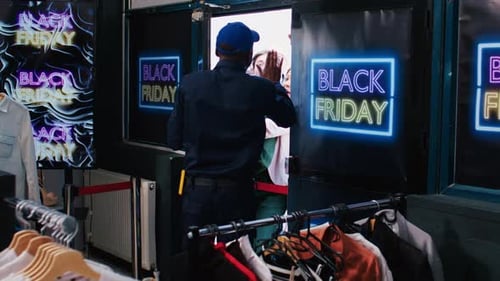 Excited Shoppers Rush into Clothing Store on Black Friday