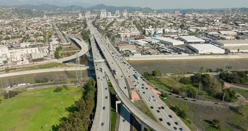 Traffic on a highway junction. Aerial view of road interchange