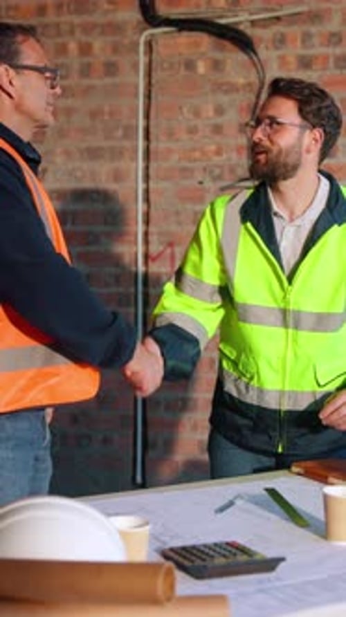 Arquitecto, apretón de manos y hombres con un plan de construcción, equipo y planificación para el desarrollo inmobiliario
