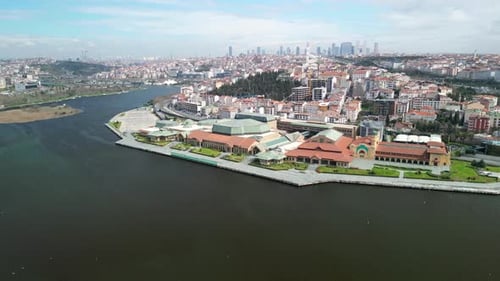 Istanbul Halic Congress Center and Golden Horn Channel, circling shot