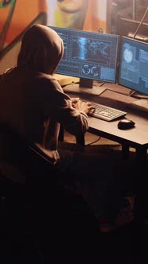 Hooded Figure Coding at Computer in Dark Room